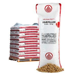 HP Kvalitet Træpiller - 8 mm - 896 kg pr Palle. Levering 2-5 Hverdage
